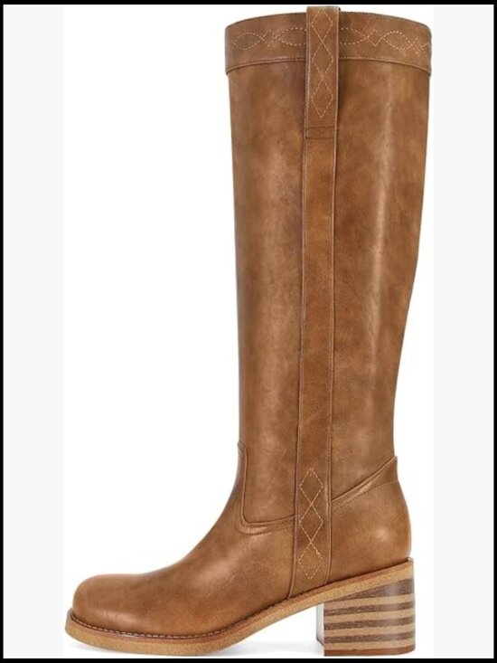 Shoes - Vintage Knee High Boots Side Lace Chunky Heel Round Toe Wide Calf